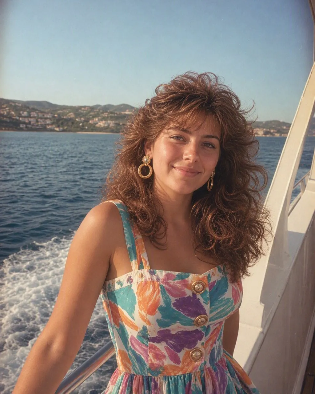 A holiday photo restyled as a bright 1980s summer postcard with neon swimwear and film grain