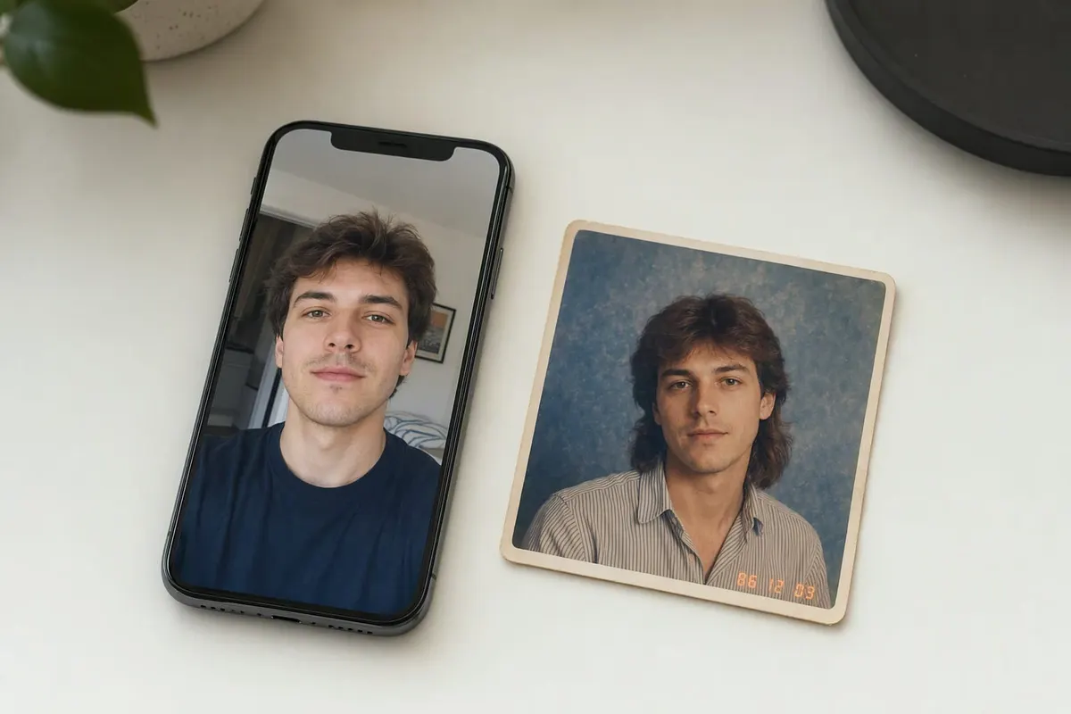 A modern phone selfie on a desk beside a small 1986 colour print of the same kind of portrait with a faded orange date stamp