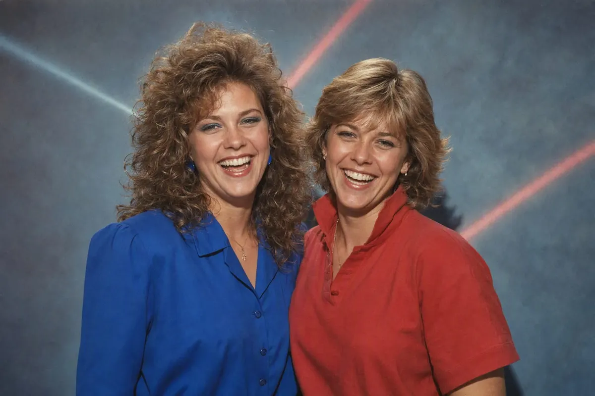 Two adult friends in a 1986 studio portrait, one with permed hair and one with a feathered cut, lit by a hard direct flash