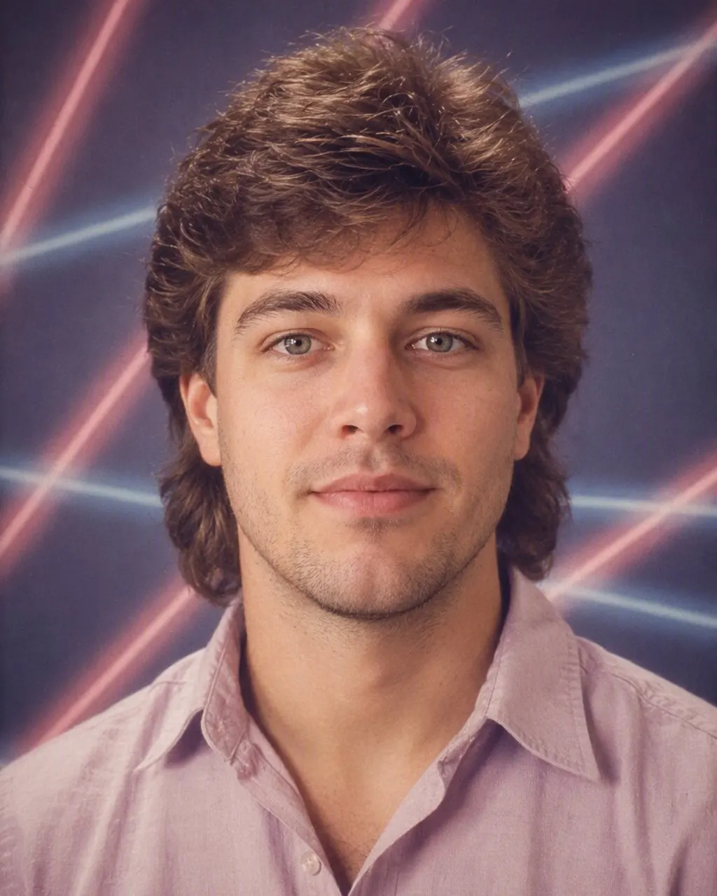 A portrait restyled as an 80s school photo with a blue-and-pink laser backdrop and a hard direct flash, made with FaceCast