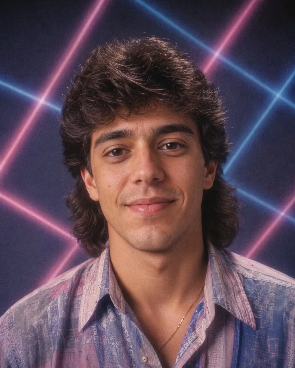 A portrait restyled as a mid-80s yearbook photo with feathered hair, a wide collar and a pastel laser backdrop, made with FaceCast