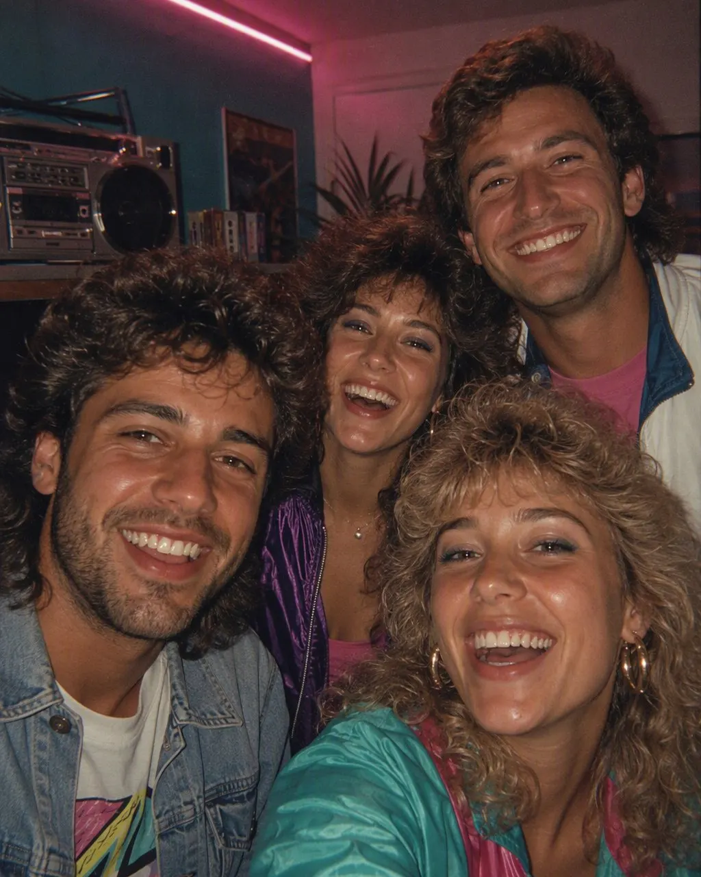 Grupo de amigos con estilo años 80 en una fiesta de la época