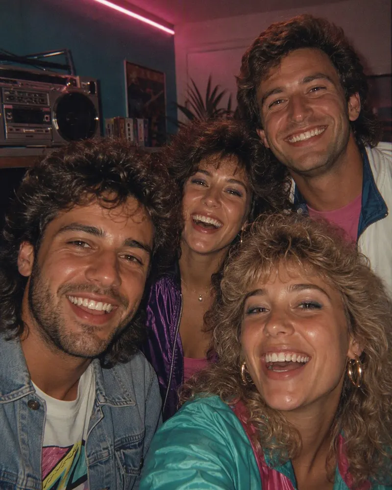 La selfie del grupo en la terraza se muda a una fiesta en casa de 1986.