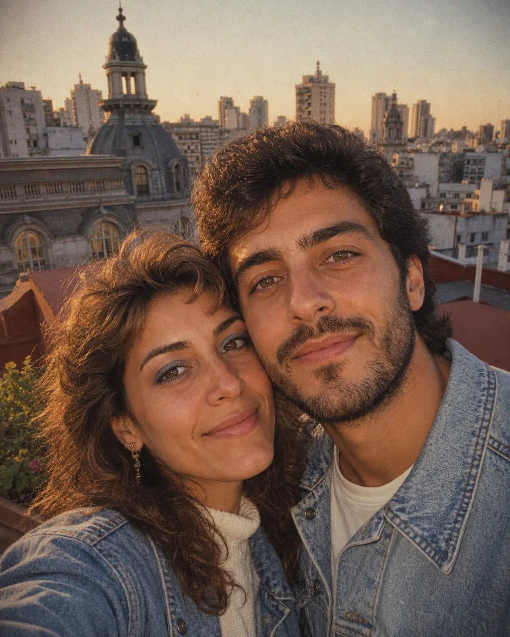 Pareja con estilo años 80 generada con IA: pelo con volumen, suéter pastel y chamarra de mezclilla sobre fondo de estudio con láser