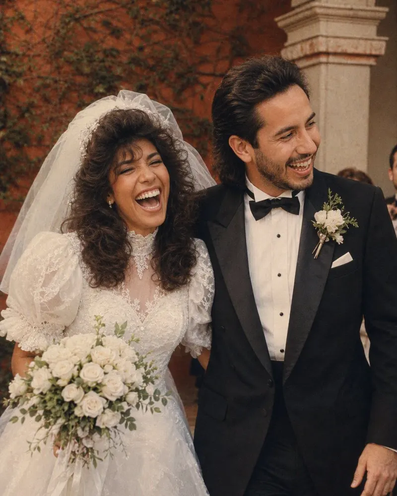 Los novios de hoy, con vestido de mangas abullonadas y esmoquin de solapa ancha.