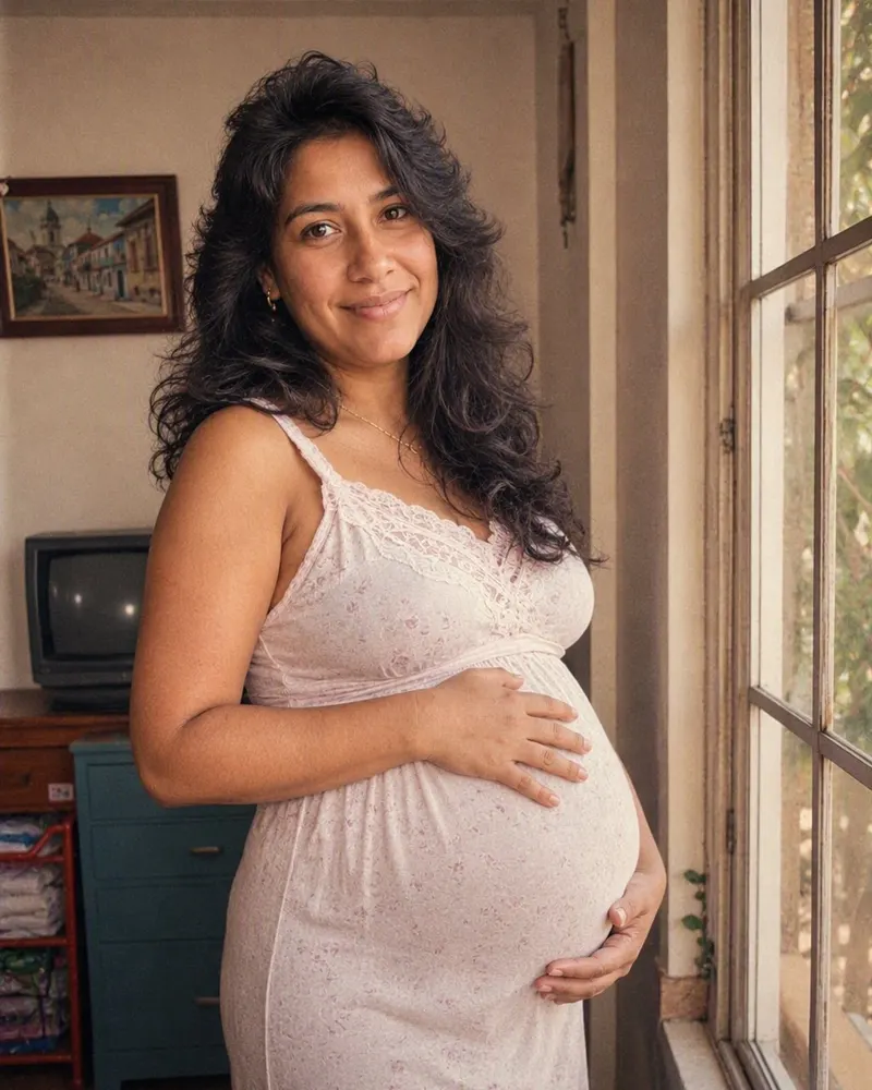 La foto de embarazo junto a la ventana se transforma en una sesión de embarazo de los 80.