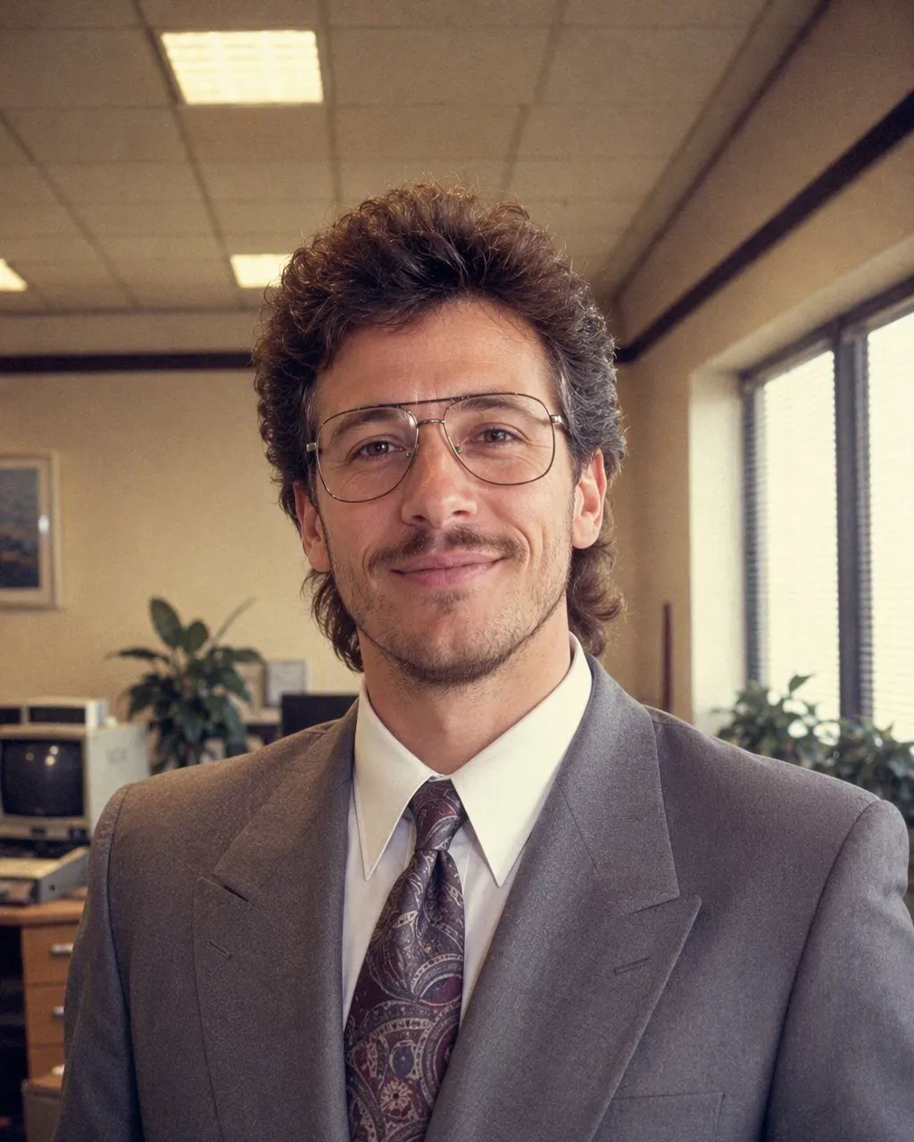 Retrato de oficina con estilo años 80: traje con hombreras, corbata ancha estampada, lentes de armazón grande y pared de madera