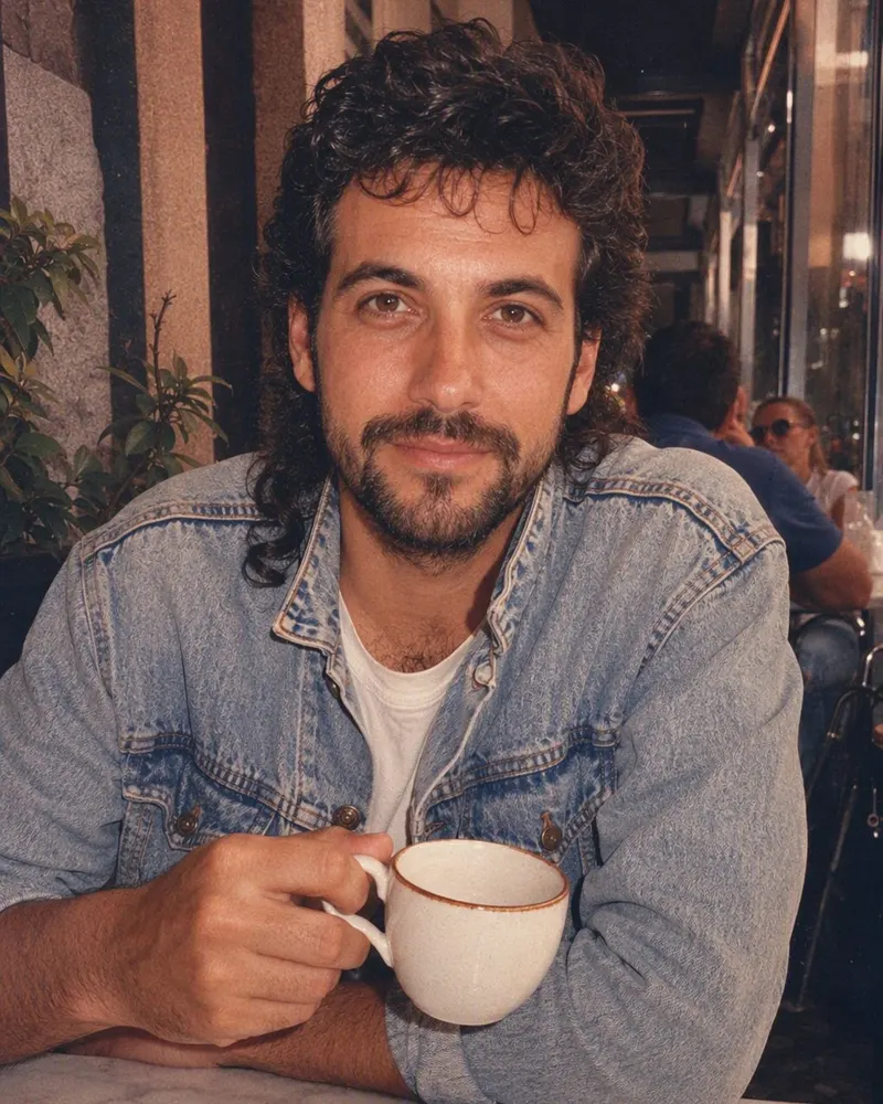 Un retrato tomado en el café: el pelo, la chaqueta y el flash pasan a los años 80.