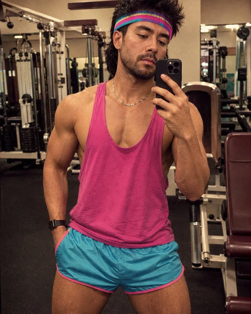 La selfie del gimnasio viaja a la época del aeróbic, con calentadores y colores neón.