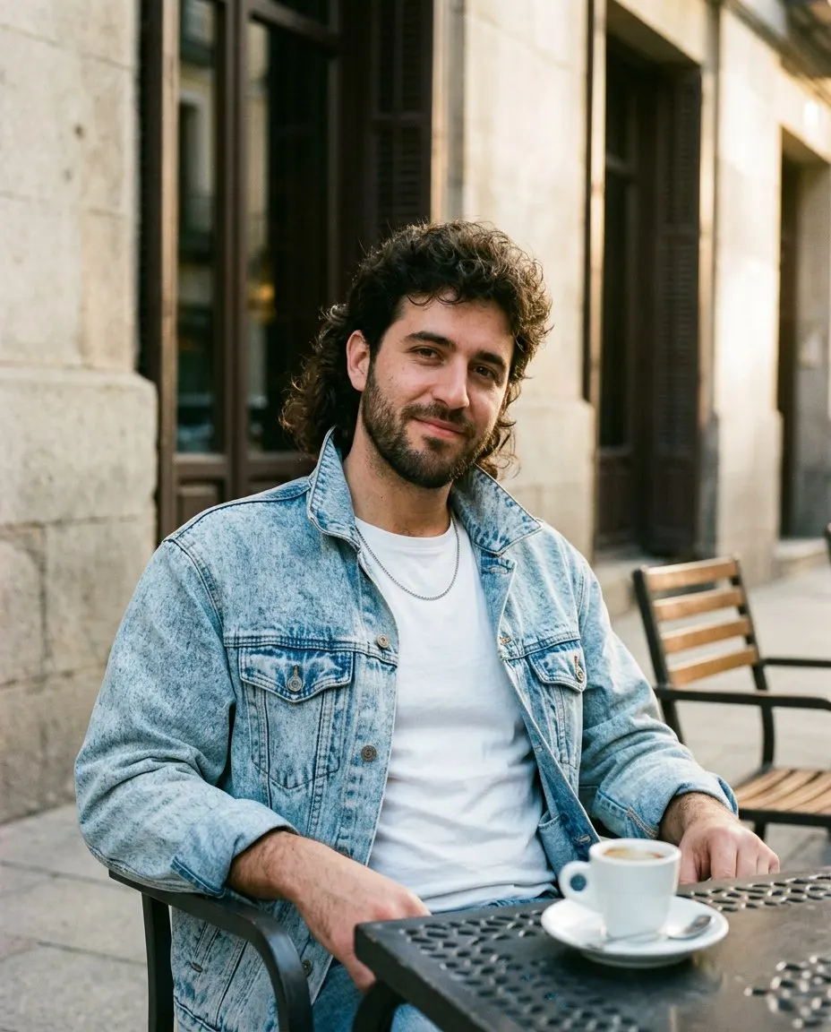 Look de denim: hombre con pelo rizado largo y barba corta, chaqueta de denim deslavado sobre camiseta blanca y cadena fina, sentado en la terraza de un café con una taza sobre la mesa de mármol