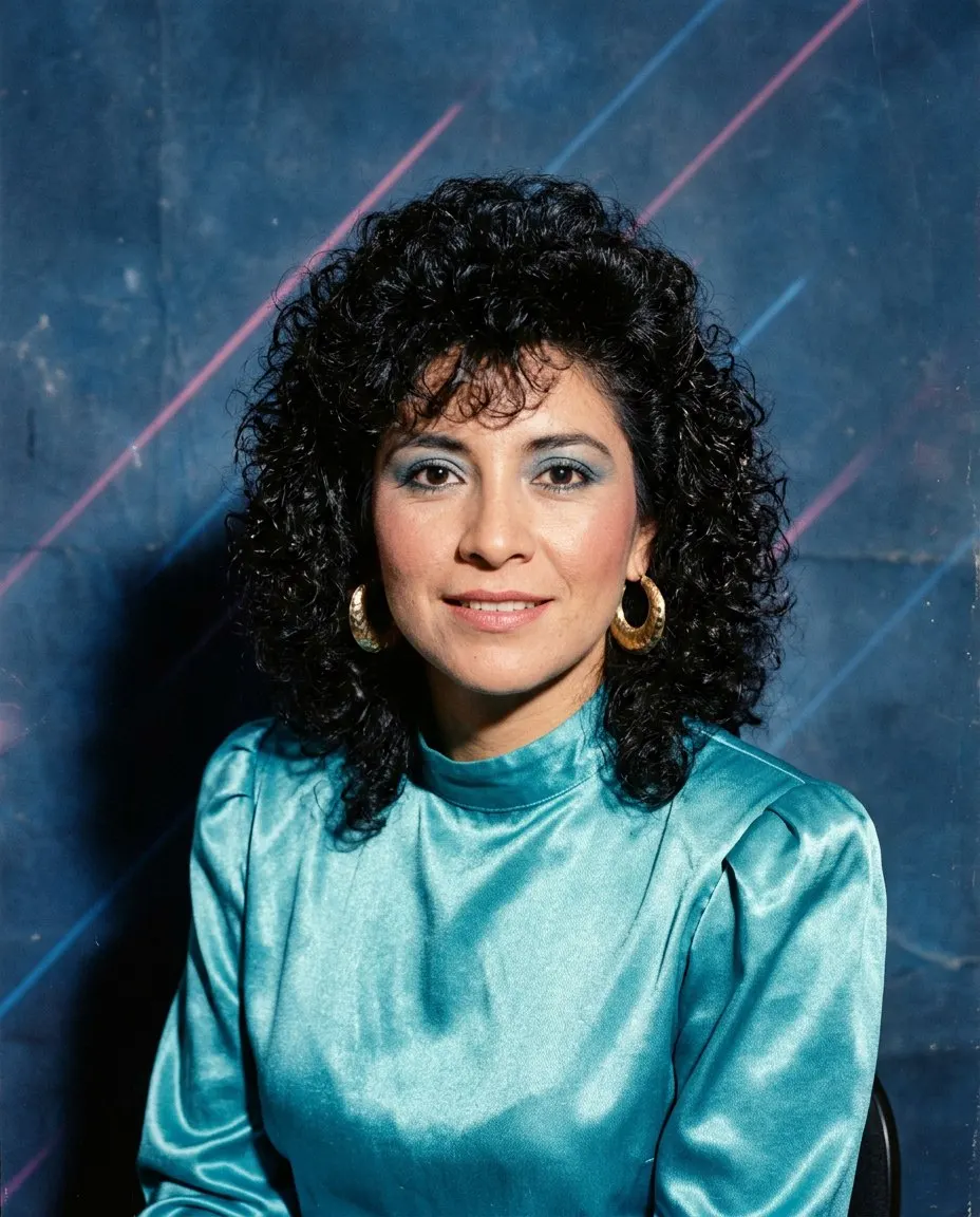 Look de estudio con láser: mujer con permanente negra con volumen, blusa de satén turquesa con hombreras, aretes de argolla dorados y sombra azul, retrato de estudio frente a un telón azul con rayos láser rosas y azules