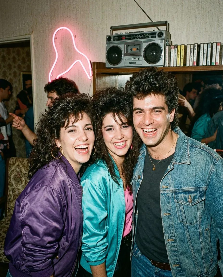 Look de fiesta: tres amigos adultos con permanentes y melenas cardadas, una con chaqueta bomber satinada morada y aretes de argolla, otra con chaqueta satinada turquesa sobre top rosa y un hombre con chaqueta de denim, riendo bajo un letrero de neón rosa junto a una grabadora y casetes