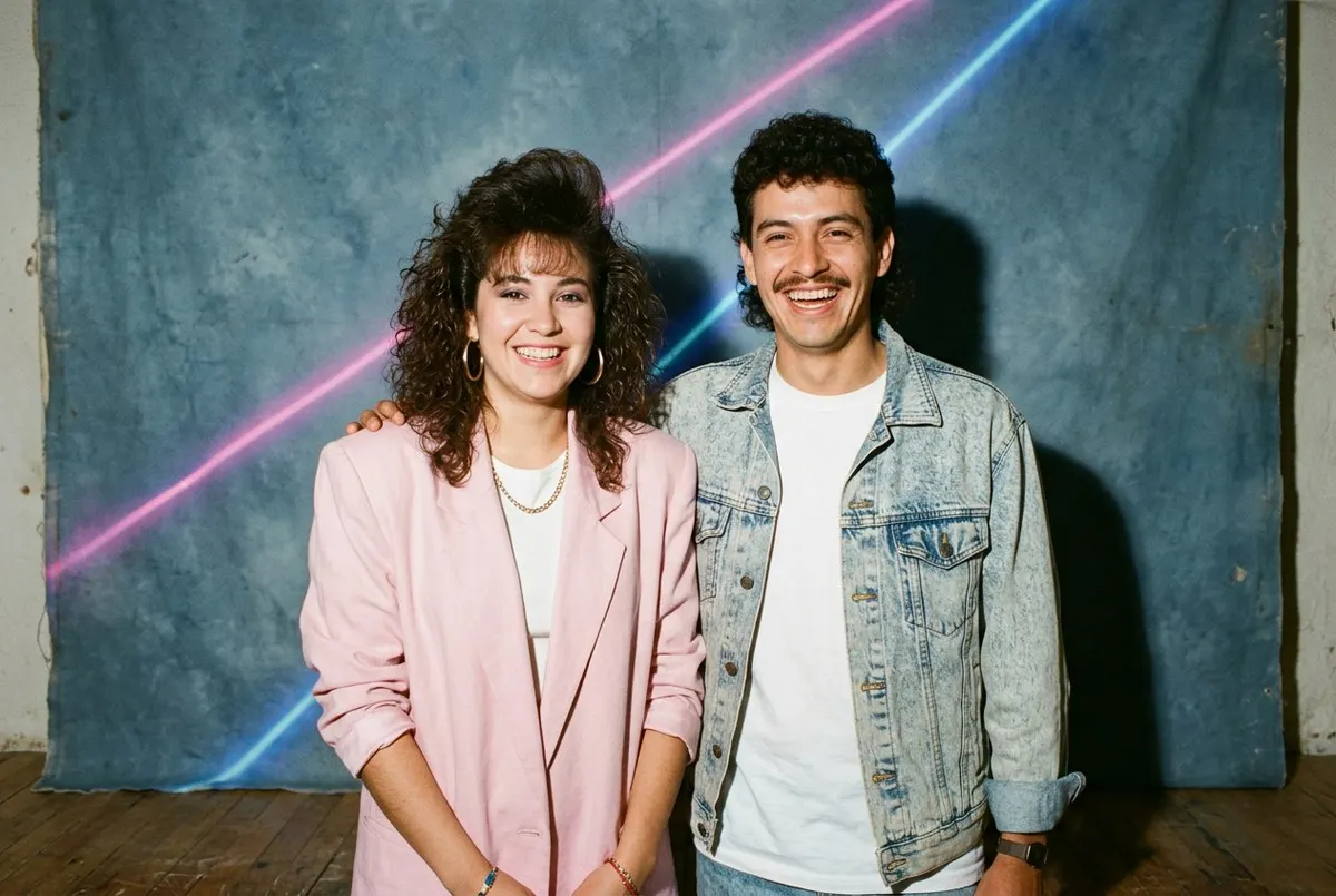 Filtro de los 80 aplicado con FaceCast: retrato de estudio de una mujer con permanente con volumen, blazer rosa de hombreras y aretes de argolla junto a un hombre con pelo rizado largo, bigote y chaqueta de denim deslavado sobre camiseta blanca, frente a un telón azul moteado con rayos láser rosas y azules
