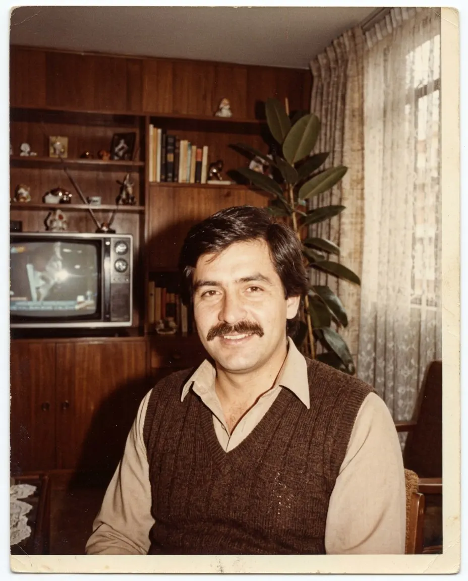 Look sepia: hombre con pelo con raya al lado y bigote grueso, chaleco de punto marrón sobre camisa beige con el cuello abierto, en una sala con mueble de madera, televisor de tubo y planta, en una copia deslavada con borde blanco