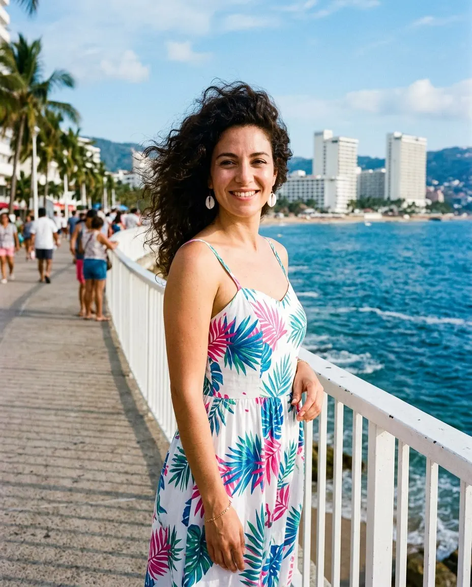 Look de verano: mujer con melena rizada al viento, aretes de concha blancos y vestido blanco de tirantes con estampado tropical rosa y azul, en un malecón junto al mar con palmeras y hoteles detrás