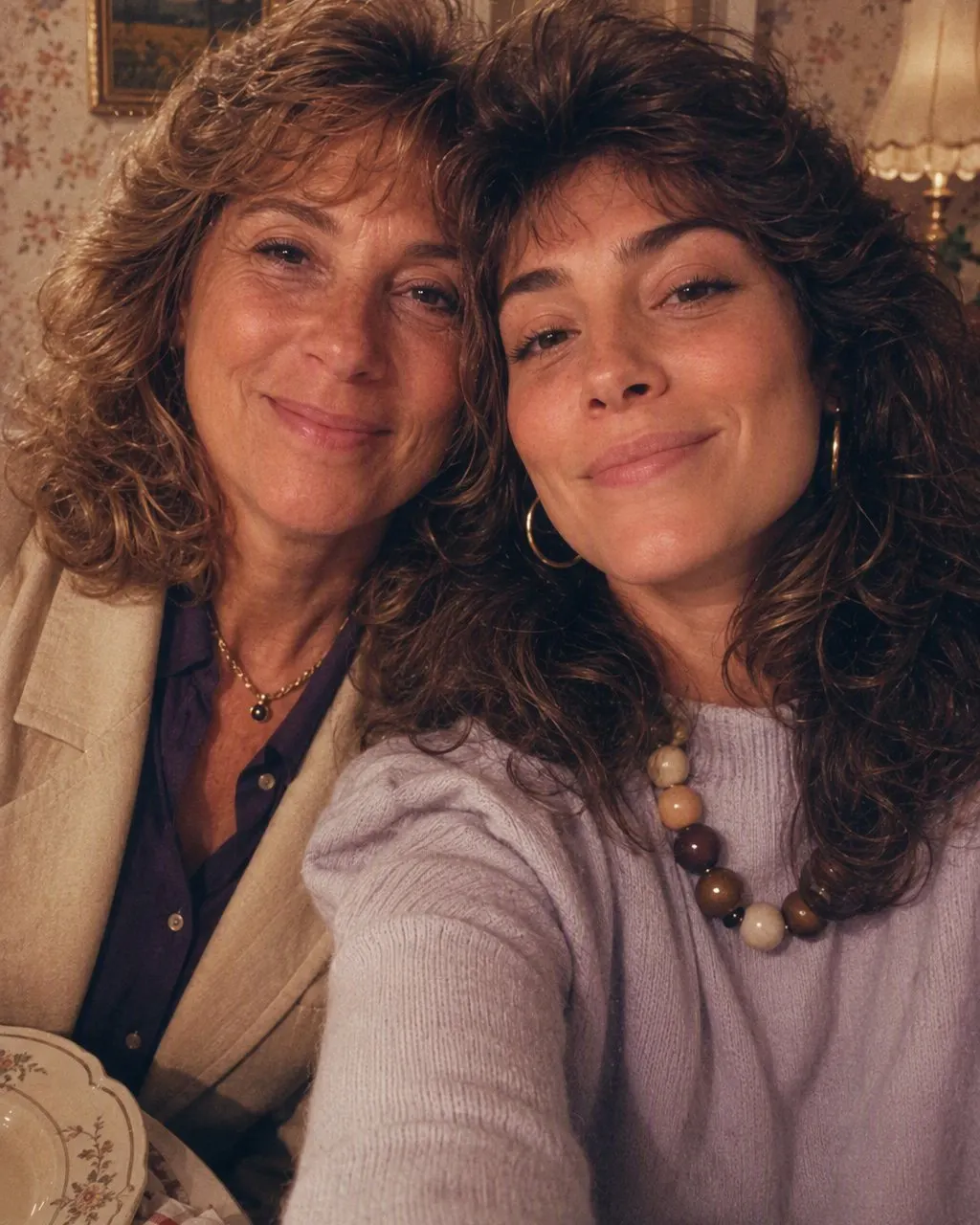 Portrait mère et fille en style années 80 devant un fond de studio dégradé