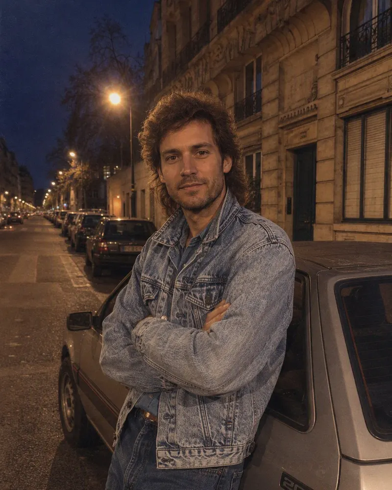 La photo dans la rue devient un soir de 1986 devant une Peugeot 205.