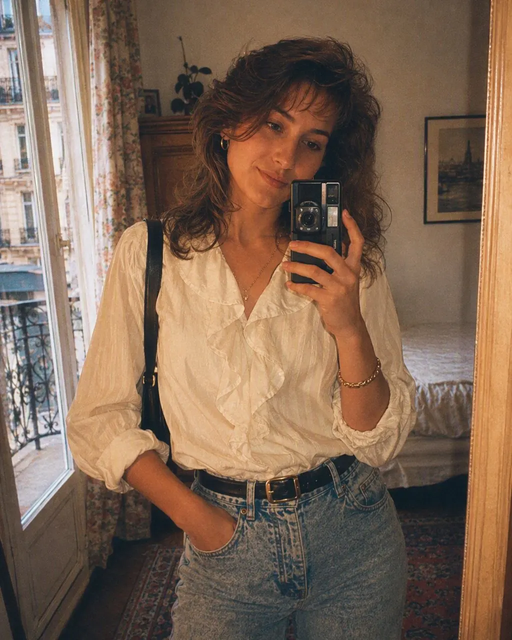 Selfie miroir en style années 80 : cheveux gonflés, sweat pastel et grain de pellicule