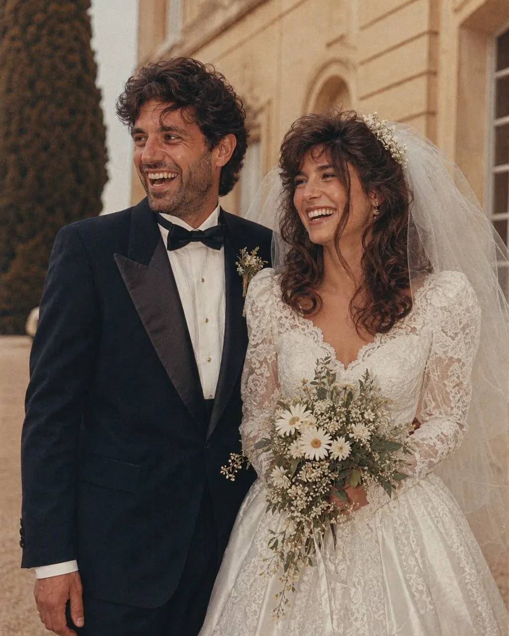 Photo de mariage années 80 générée par IA : robe à manches bouffantes, voile volumineux, smoking à larges revers et nœud papillon, sous un flash de studio