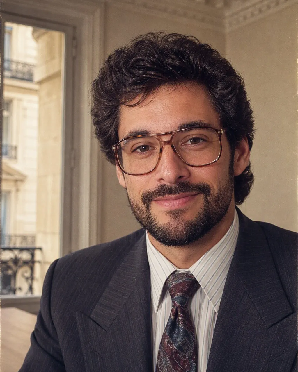 Photo de bureau en style années 80 par IA : chemise à col large, lunettes de l’époque et fond de studio gris