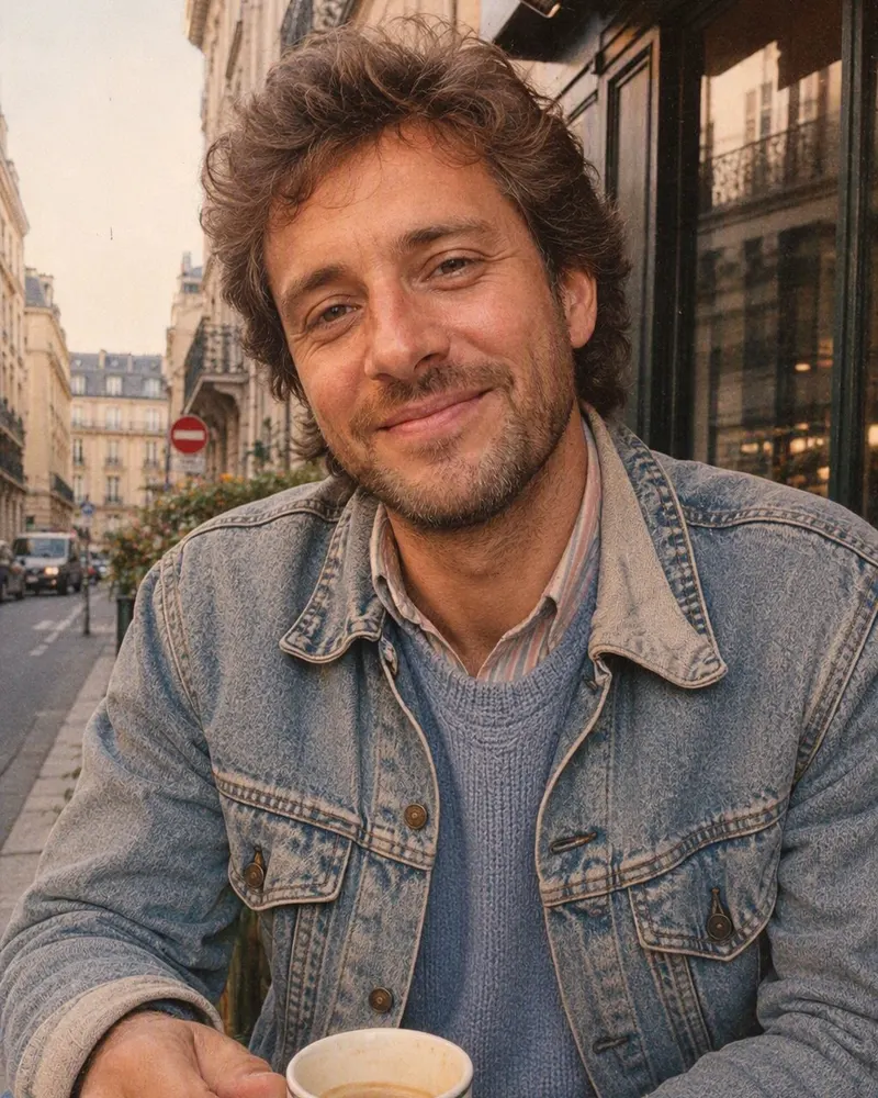 Un portrait en terrasse de café : coiffure, veste et flash passent en année 80.