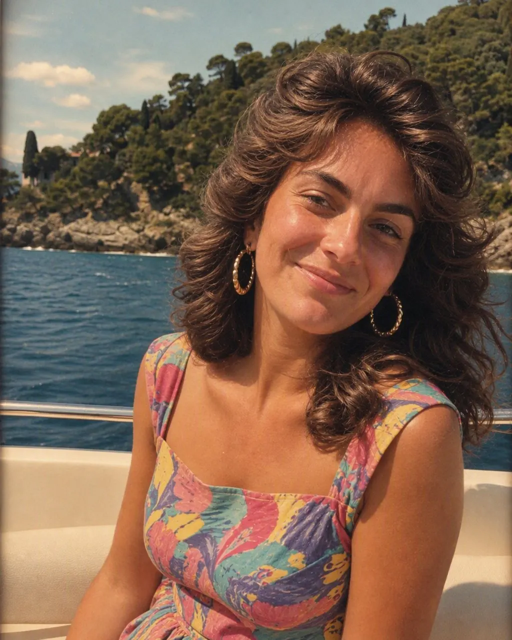 Photo de vacances en style années 80 : lunettes de soleil colorées, chemise à motifs et couleurs délavées