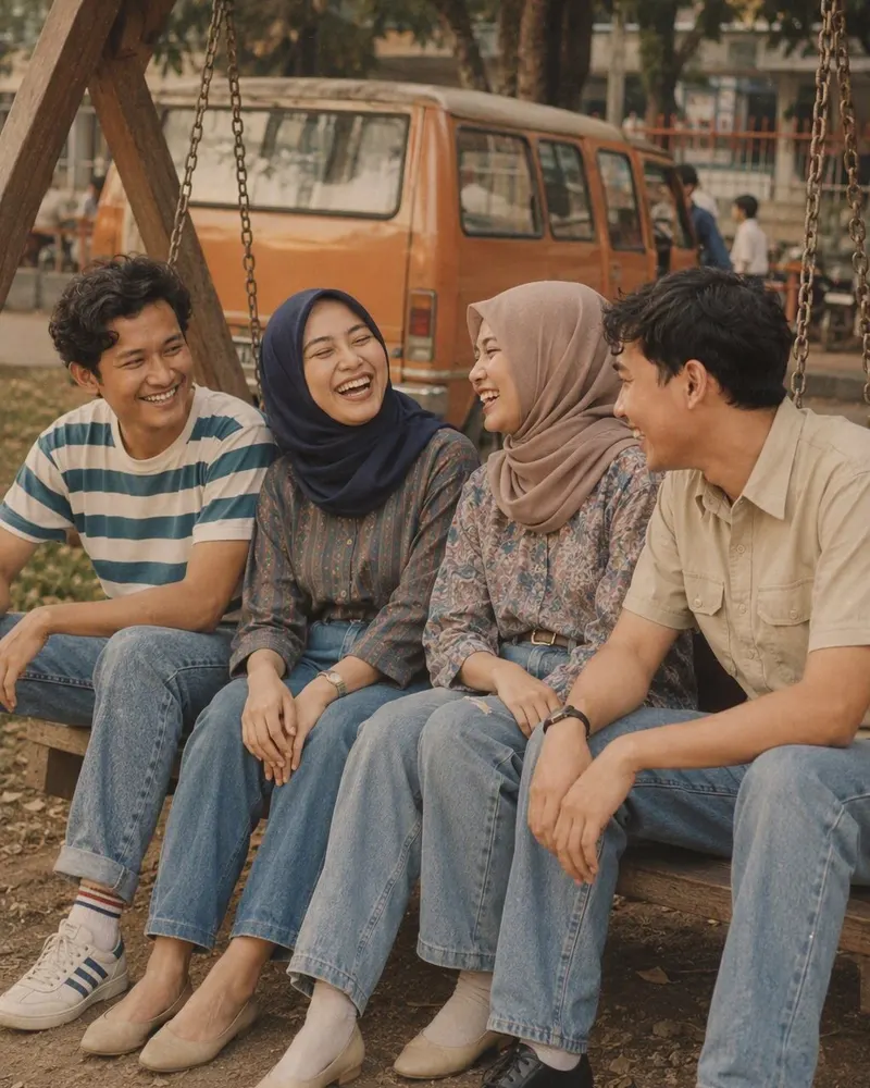 Selfie bareng di tangga kampus pindah ke taman kota tahun 1988: kaos bergaris, jeans high-waist, kemeja safari, angkot oranye parkir di belakang, dan kerudung dua temanmu tetap rapi.