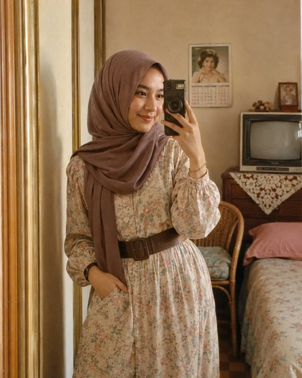 Selfie cermin perempuan berhijab di kamar tahun 80-an: kerudung longgar yang menutup rambut, gaun floral lengan panjang berikat pinggang lebar, kursi rotan, TV tabung kecil, dan kamera film