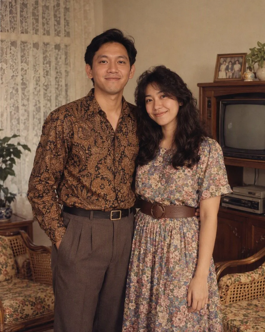 Pasangan Indonesia dalam foto jadul tahun 80-an: ruang tamu dengan sofa rotan dan tirai renda, pria berkemeja batik lengan panjang, perempuan bergaun floral berikat pinggang lebar dengan rambut mengembang