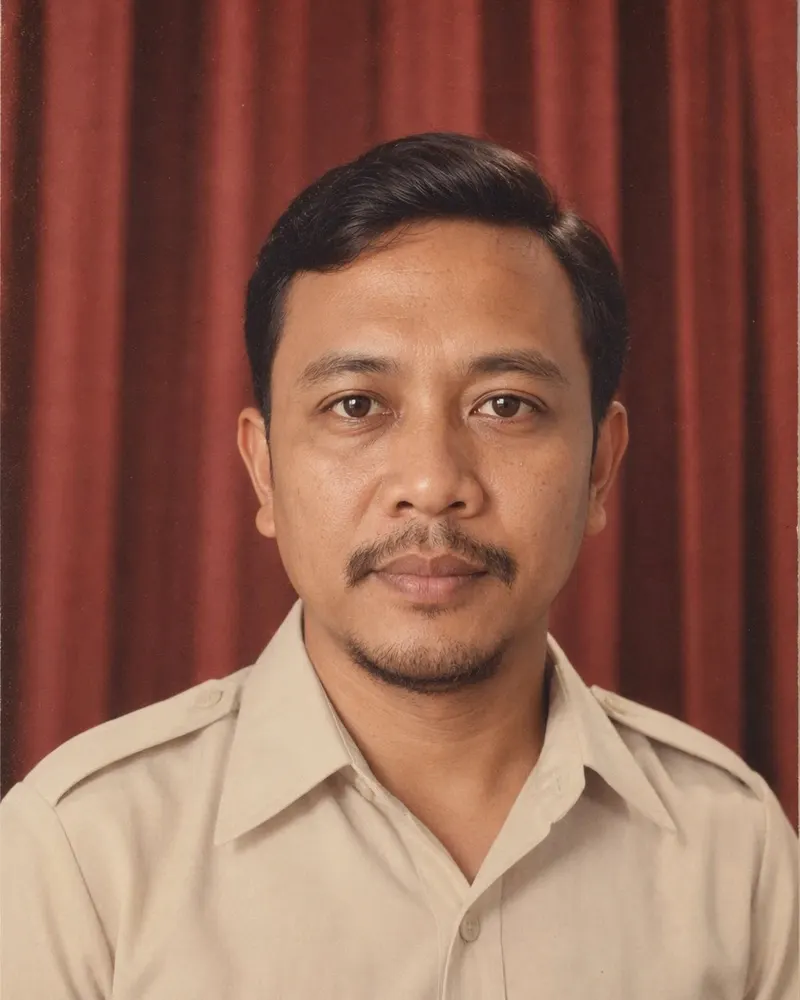 Potret sederhana jadi foto studio tahun 1986: tirai beludru merah, rambut belah samping, kumis tipis, dan kemeja safari krem.