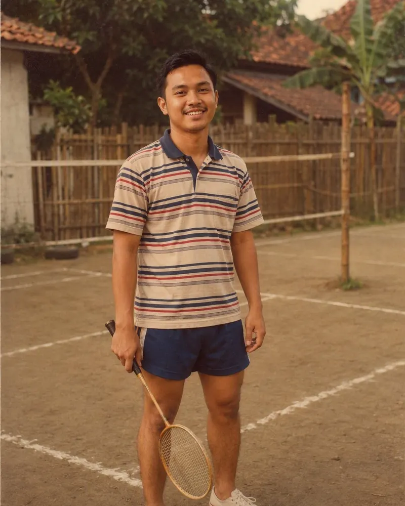 Selfie di GOR jadi foto lapangan bulu tangkis kampung tahun 80-an: polo bergaris, raket kayu, dan pagar bambu di belakang.