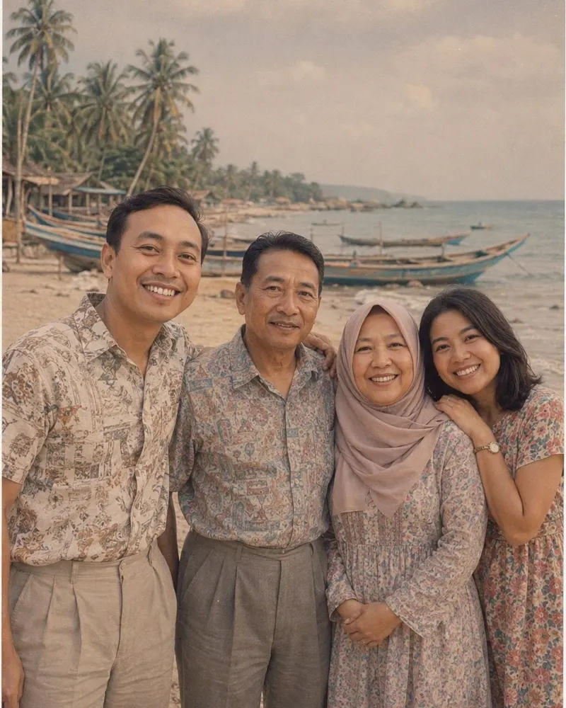 Foto keluarga di pantai jadi cetakan liburan tahun 80-an: perahu nelayan kayu, kemeja motif, dress floral, dan kerudung longgar yang tetap menutup rambut.