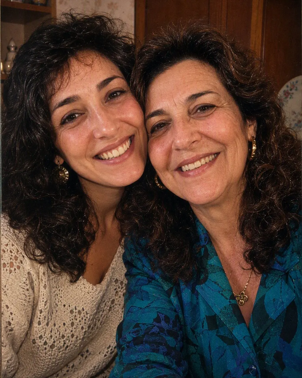 Ritratto di madre e figlia in stile anni 80: capelli cotonati, spalline e fondale da studio sfumato