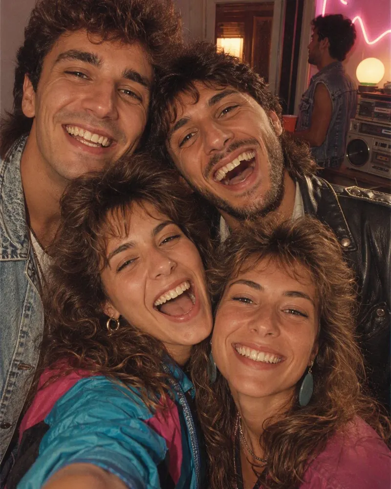 Il selfie di gruppo in terrazza finisce a una festa in casa del 1986.