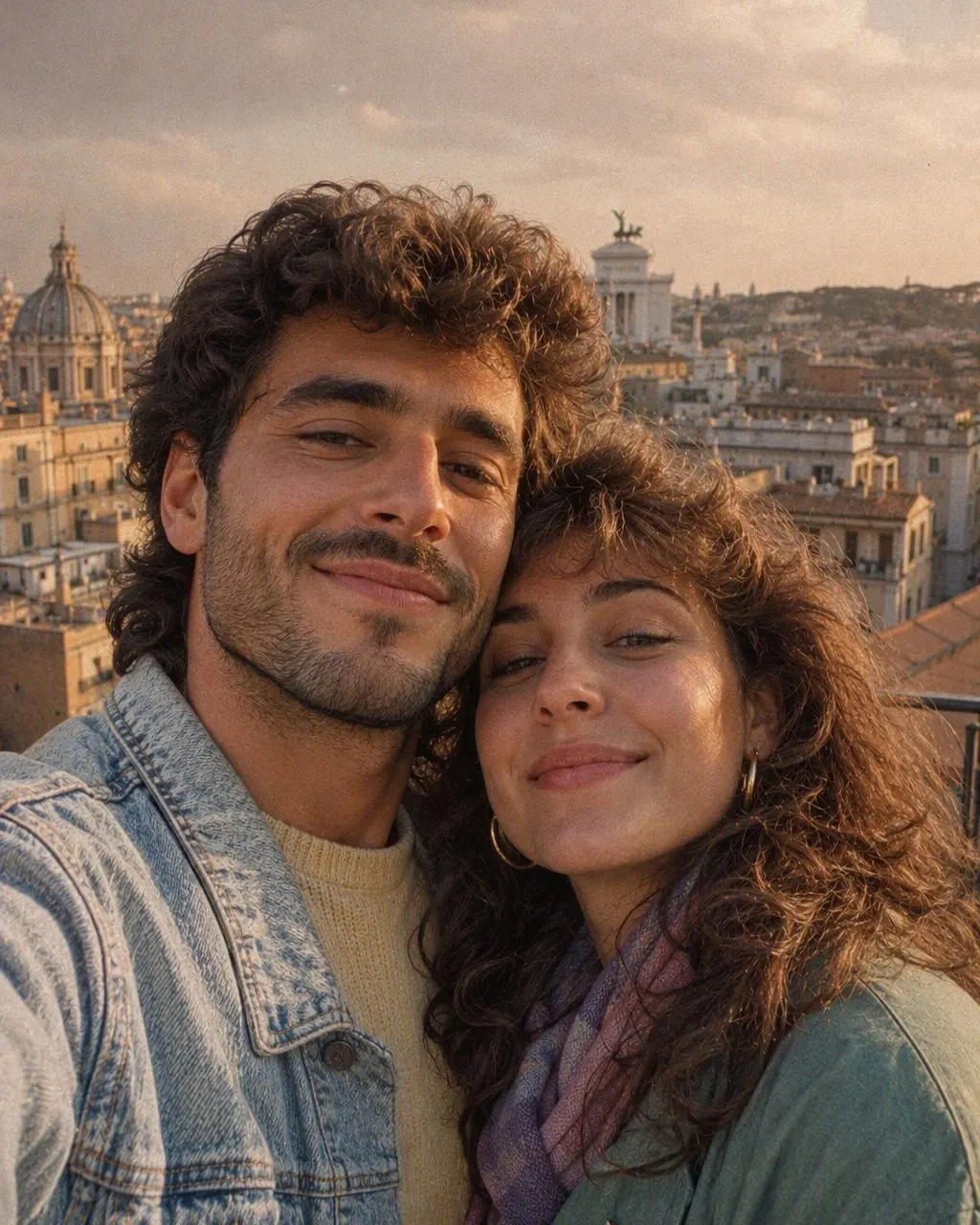 Ritratto di coppia in stile anni 80 generato con l’IA: capelli voluminosi, maglione pastel e giubbotto di jeans su fondale da studio