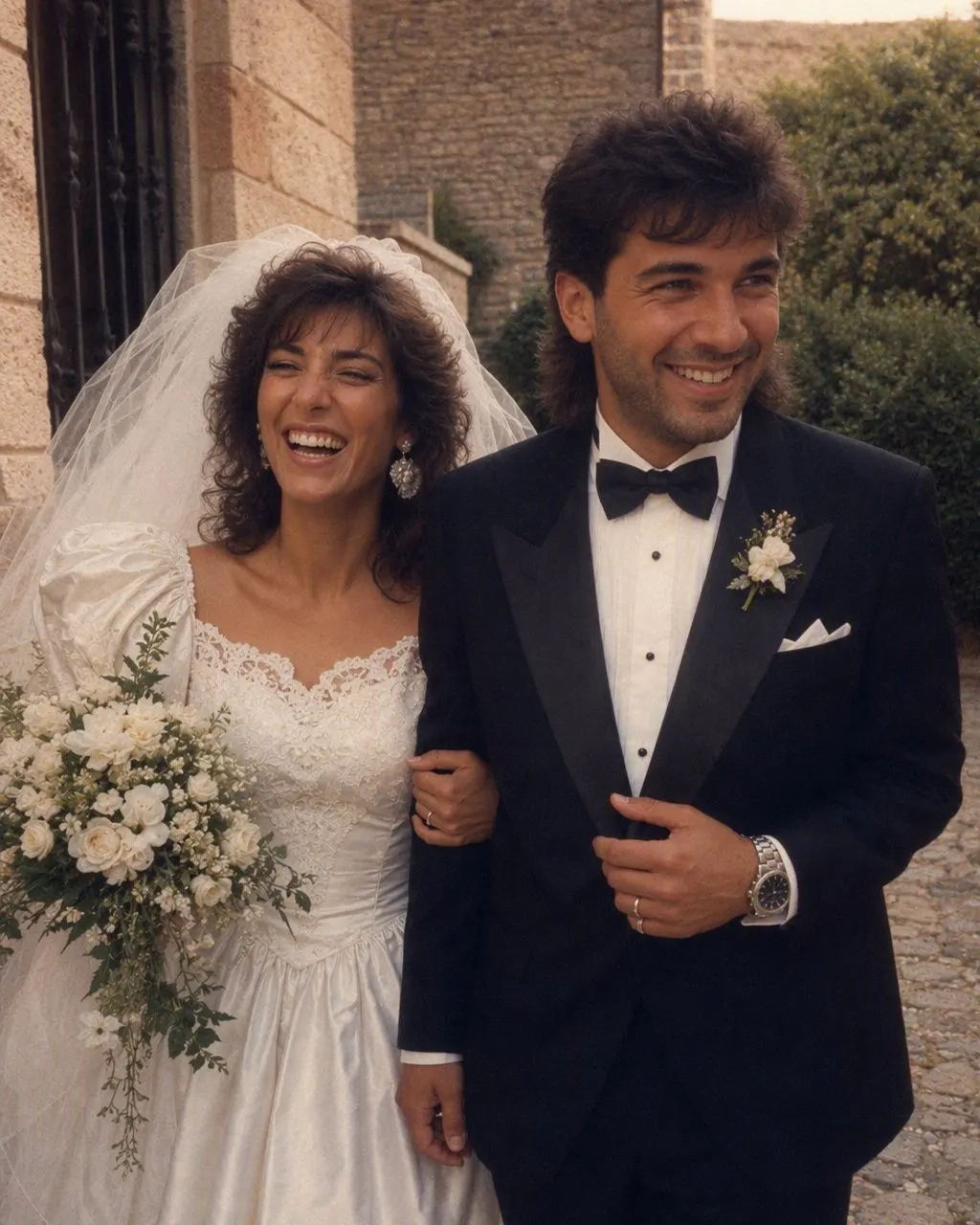 Foto di matrimonio in stile anni 80 generata con l’IA da una sola foto: abito di pizzo con maniche a sbuffo, velo voluminoso, smoking con revers ampi e papillon, flash da studio