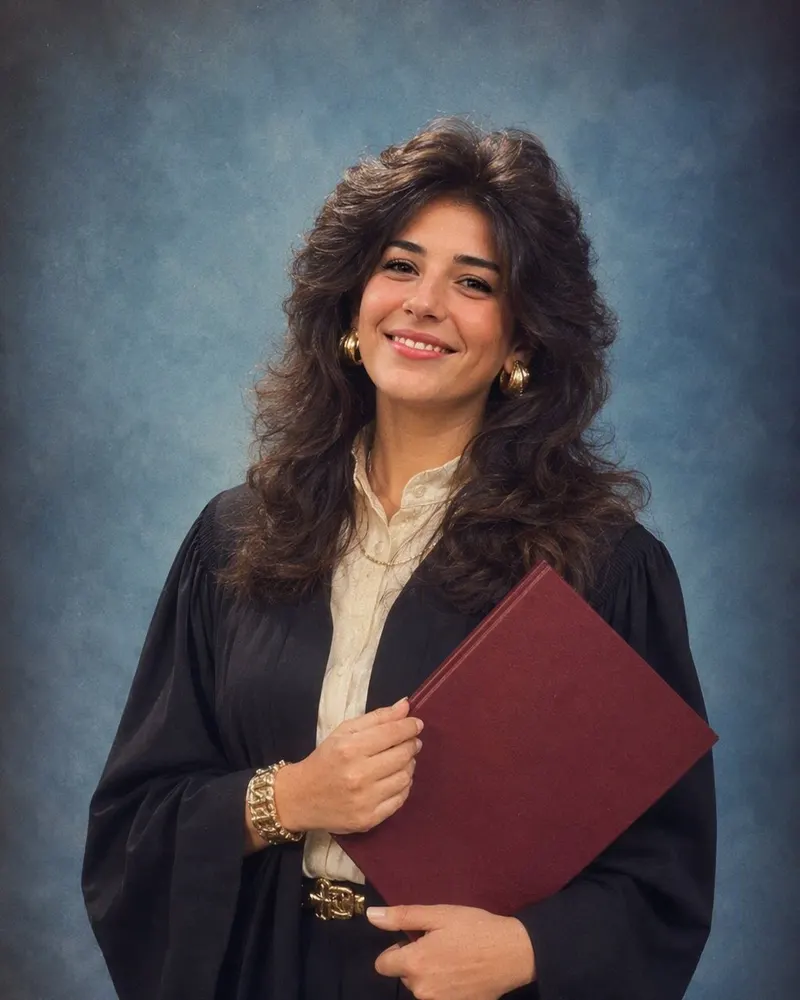 La foto di laurea con la corona d’alloro diventa un ritratto da studio anni 80.