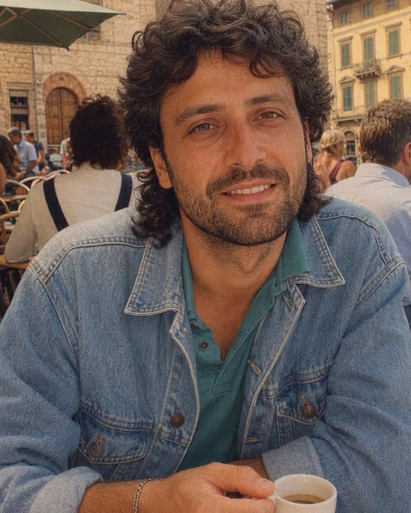 Un ritratto al bar della piazza: capelli, giacca e flash passano agli anni 80.