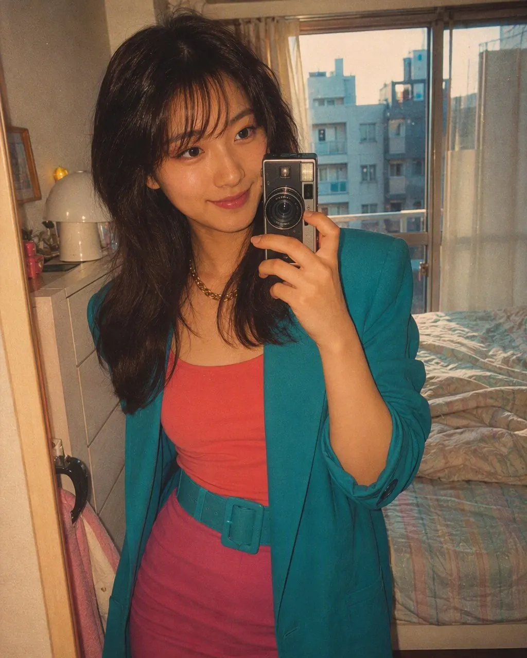 80年代風に加工された鏡の自撮り写真