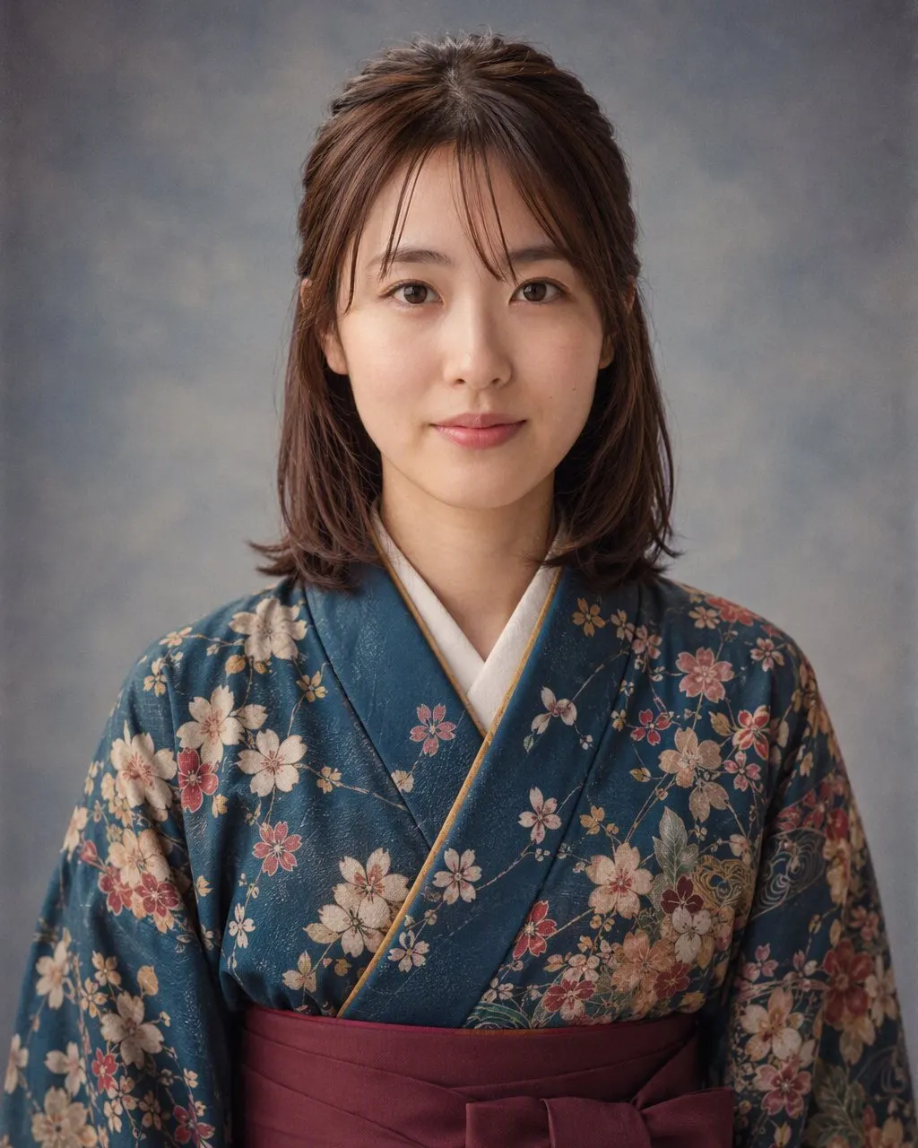 卒アル風に加工したポートレート。むらのある青いスタジオ背景、正面からのやわらかい光、80年代の髪型と襟の大きいシャツ
