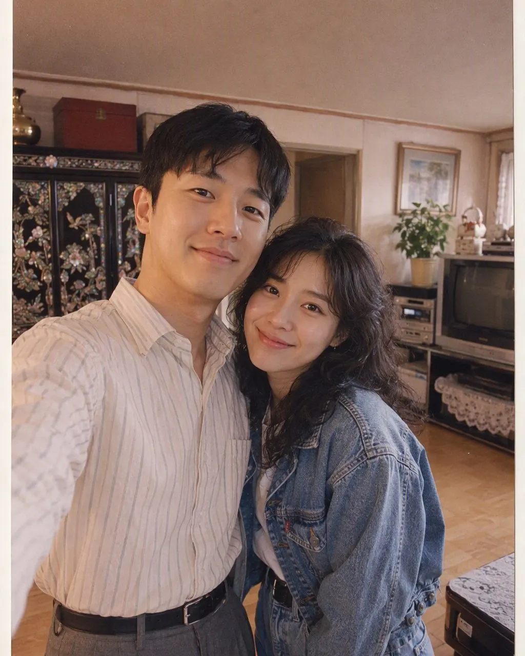 옥상에서 찍은 커플 셀카가 1980년대 후반 사진관 컷이 됐어요. 두 얼굴은 그대로, 머리와 청청패션, 배경 천, 플래시만 새로 들어갔어요.
