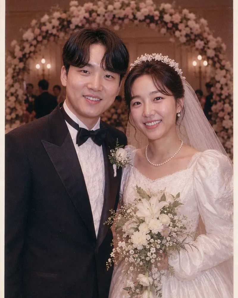 요즘 신랑 신부가 퍼프 소매 드레스와 넓은 라펠 턱시도, 부드러운 플래시의 80년대 웨딩 사진으로.