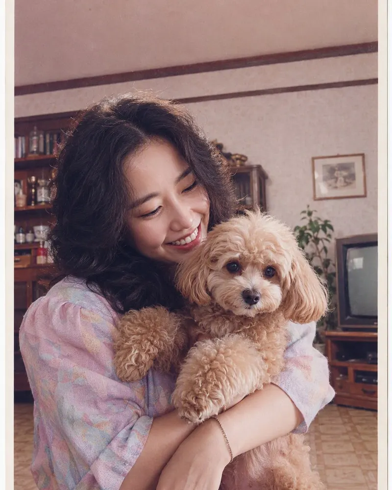 소파에서 강아지와 찍은 사진. 강아지는 그대로, 반다나만 80년대 후반이에요.