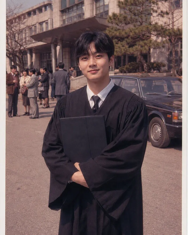 학사모를 쓴 졸업 사진이 파란 배경 앞에서 찍은 80년대 졸업사진으로.