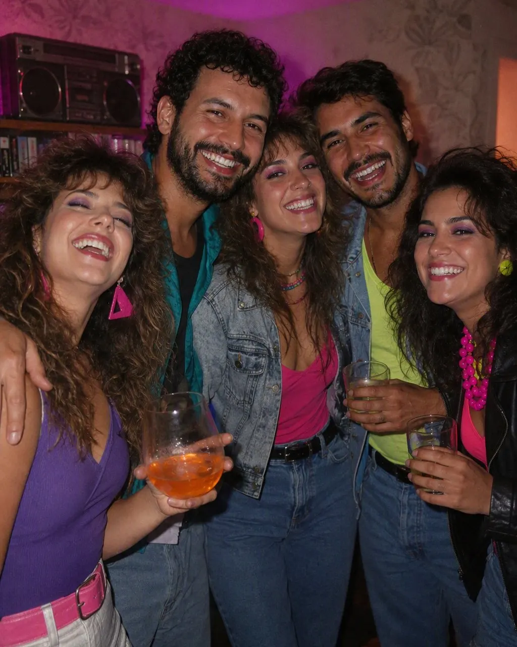 Grupo de amigos com look de festa anos 80 gerado por IA no FaceCast: cabelo volumoso, ombreiras e cores neon
