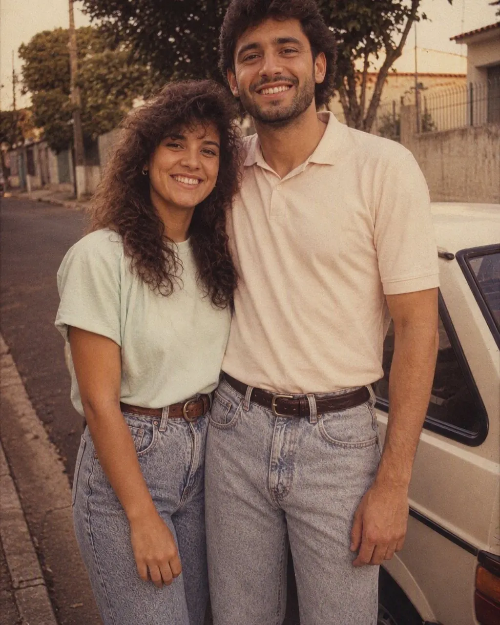 Mãe e filha em retrato no estilo anos 80 gerado por IA no FaceCast, com iluminação analógica e granulação de filme