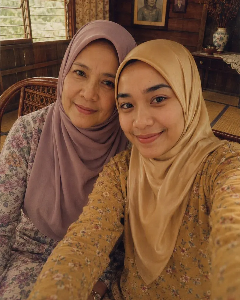Gambar di meja makan jadi potret ibu dan anak pertengahan 80an — selendang longgar, baju kurung pastel dan set kusyen rotan di belakang.