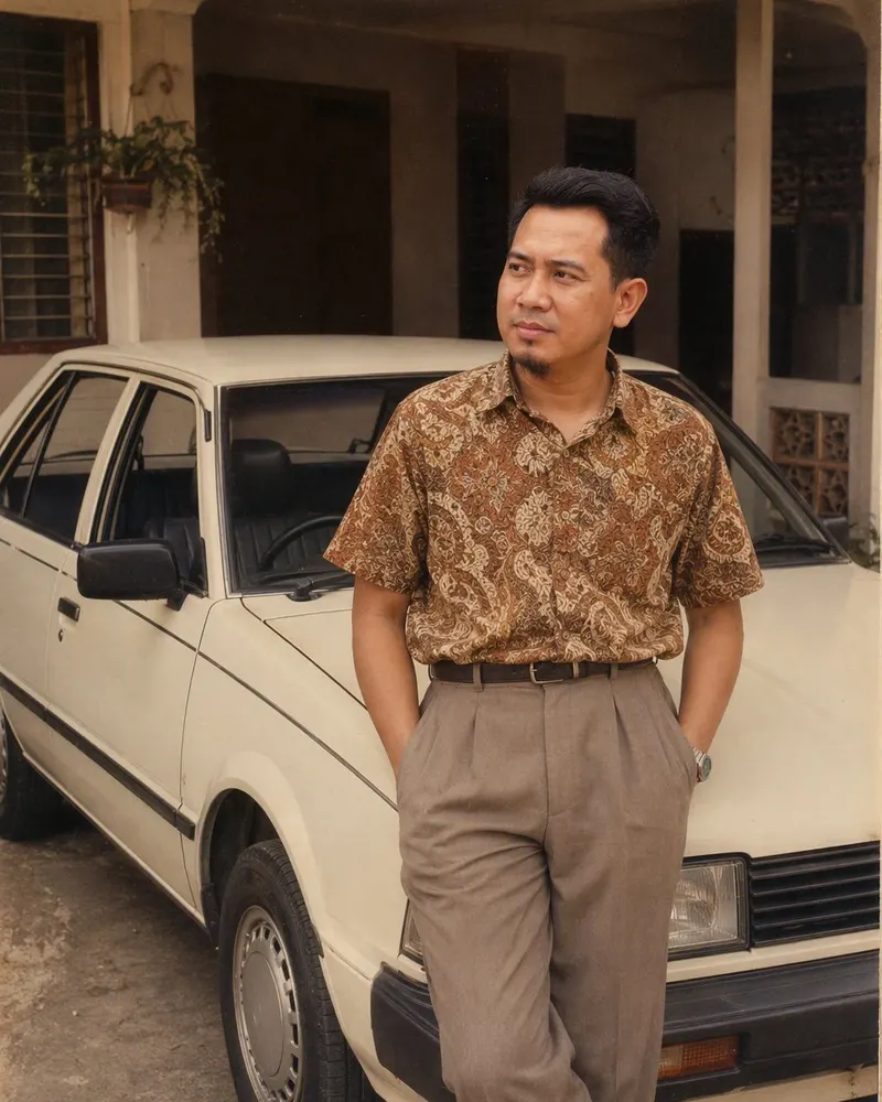 Gambar di tepi kereta jadi petang tahun 1985 di sebelah Proton Saga yang baru keluar kilang — kereta nasional pertama, kilat dan bangga.
