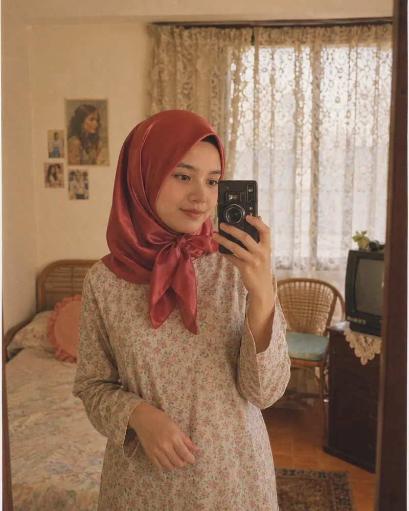 Selfie cermin di bilik tidur jadi potret kedai gambar tahun 1985: telefon hilang, tudung satin merah diikat kemas, latar tirai dan flash keras.