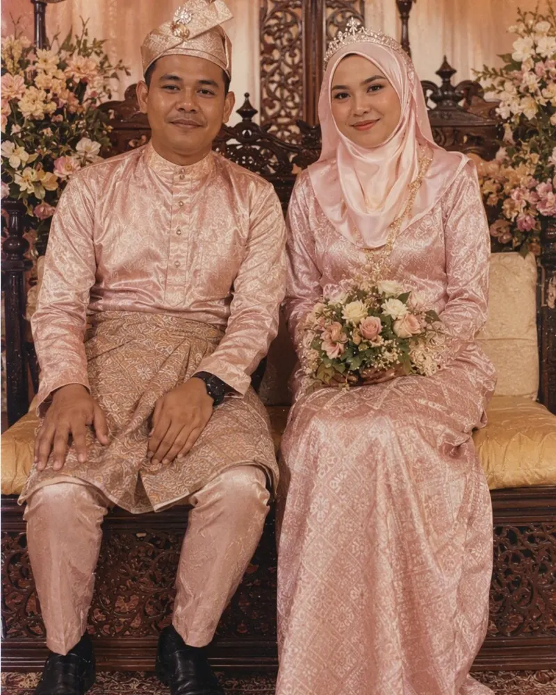 Pengantin moden naik pelamin 80an berlatar songket: baju Melayu bersamping dan songkok, kebaya moden berkerongsang, flash lembut kedai gambar.